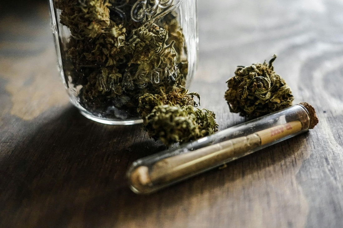 Cannabis buds with pre-roll in glass jar