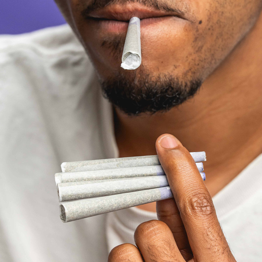 A person holding a group of prerolls with one hanging out of his mouth