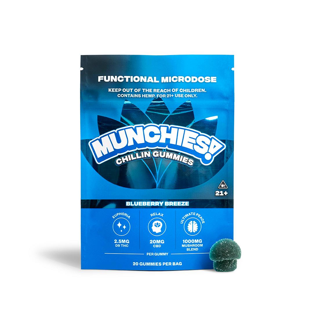 Blue package of Munchies Chillin Gummies with a gummy bear on a white background