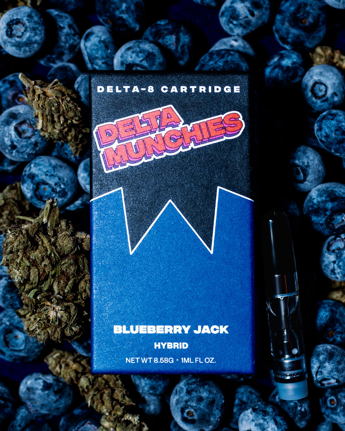 Delta Munchies Delta 8 Blueberry Jack Cartridge product image with blueberries and delta 8 flower