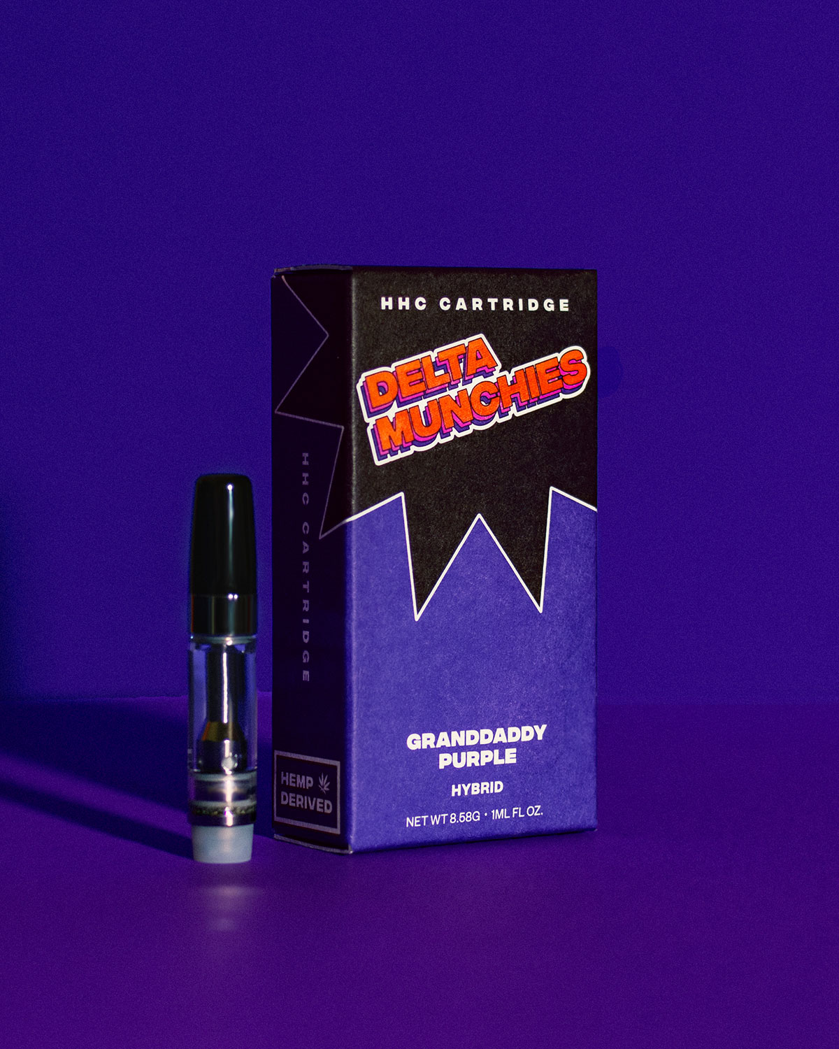 Delta Munchies HHC Grand daddy purp Cartridge product image on a purple background