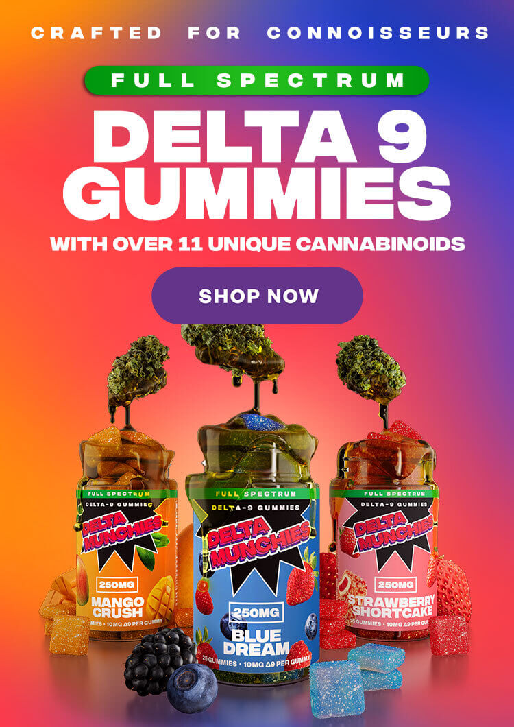 Delta Munchies Full Spectrum Delta 9 Gummies Mango Crush, Blue Dream, Strawberry Shortcake