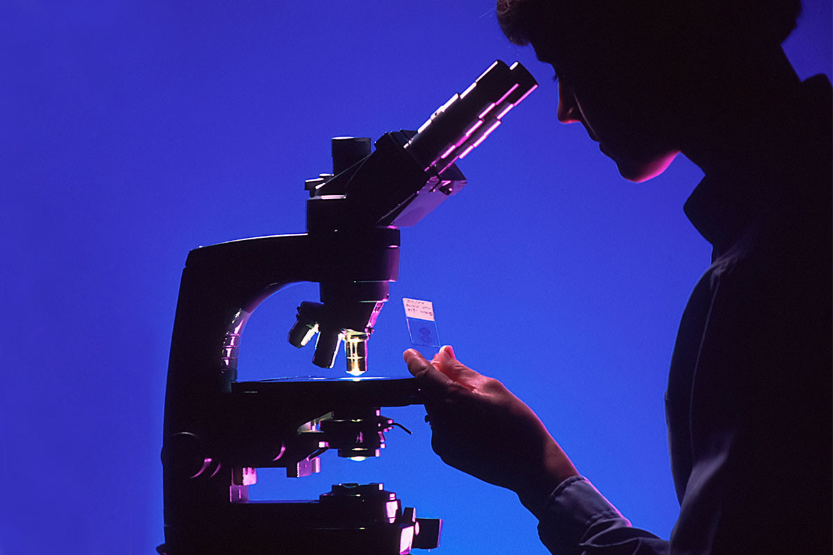 Woman inspecting a sample on a microscope.