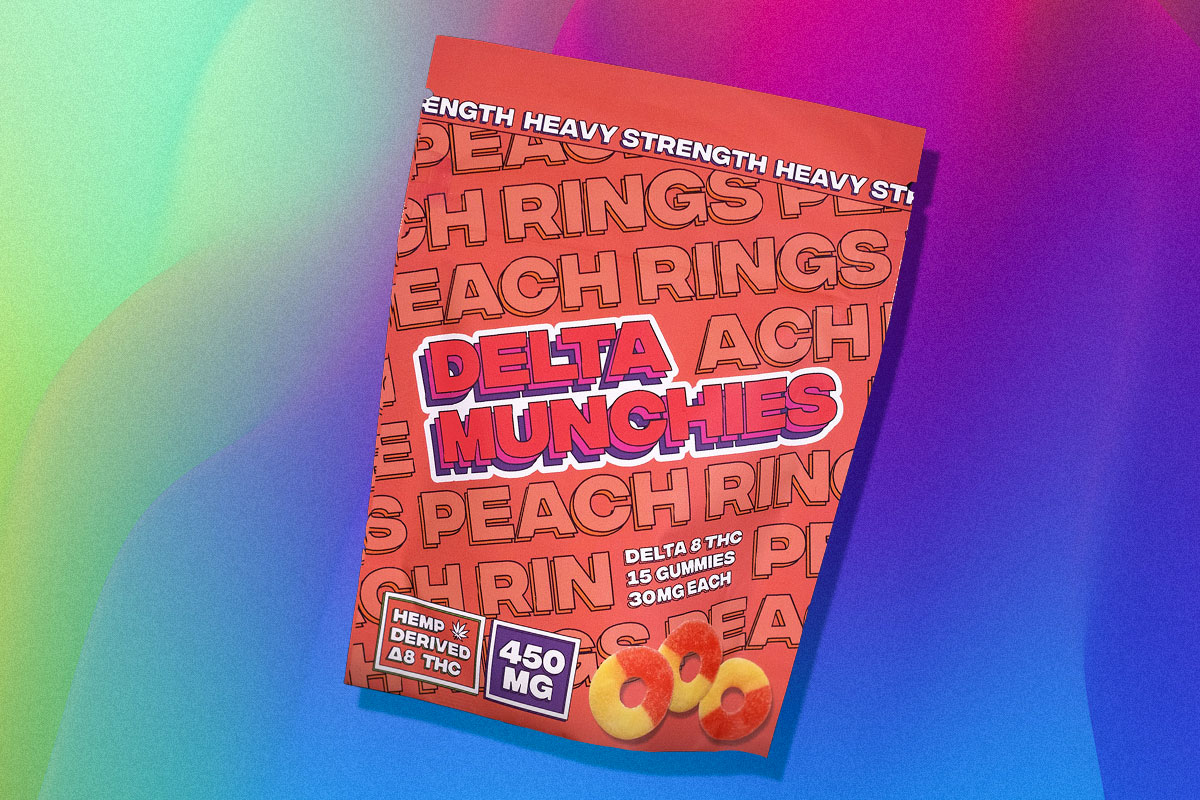Bag of Delta Munchies' delta 8 THC Peach Rings on a multicolored background.
