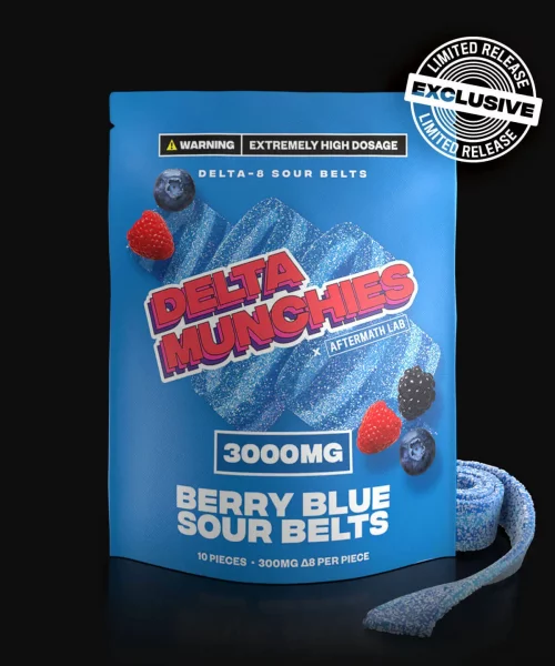 Delta Munchies Berry Blue 3000mg Delta 8 Sour Belts With badge