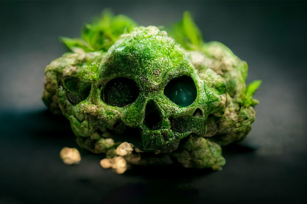 Green skulls with cannabis leaves growing on them.