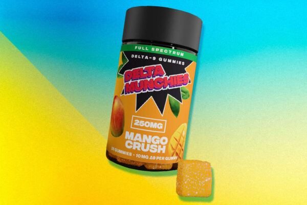 Jar of Delta Munchies' Mango Crush Delta 9 Gummies.