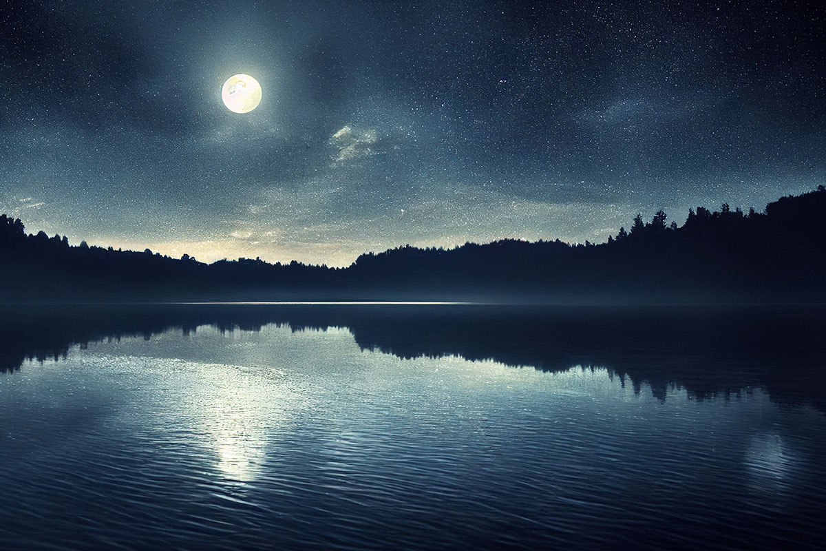 Lake in a forest at night lit up by the full moon in the sky.