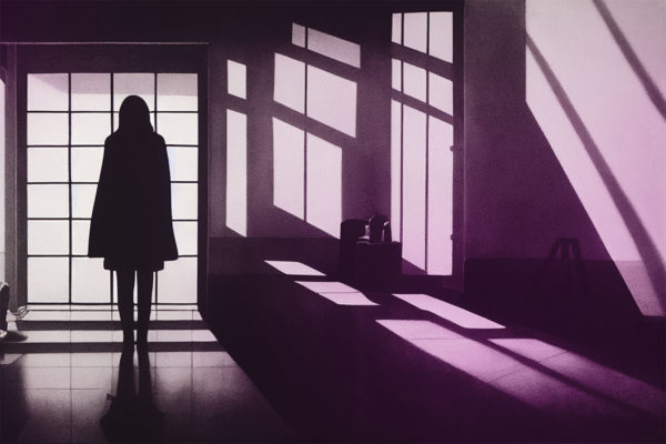 Silhouette of a woman standing alone at a social gathering next to a window.