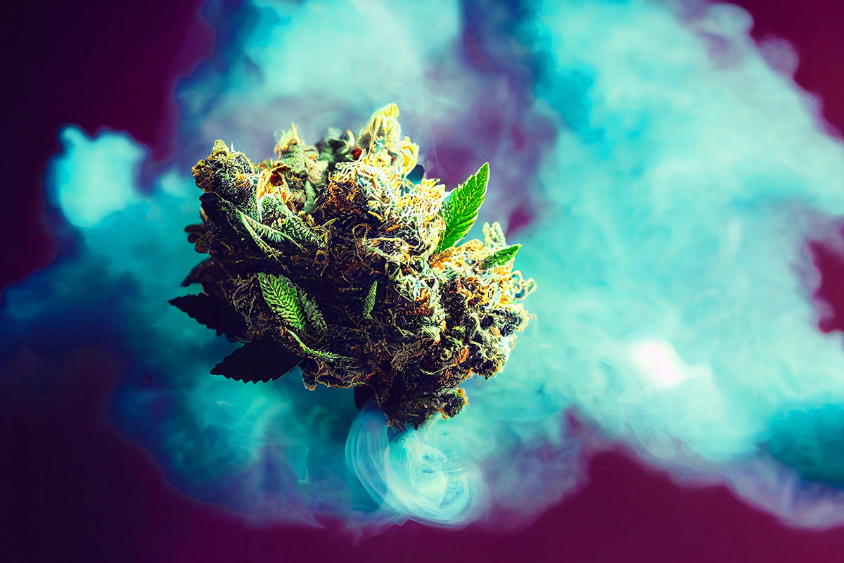 Marijuana bud emerging from a blue cloud of smoke.