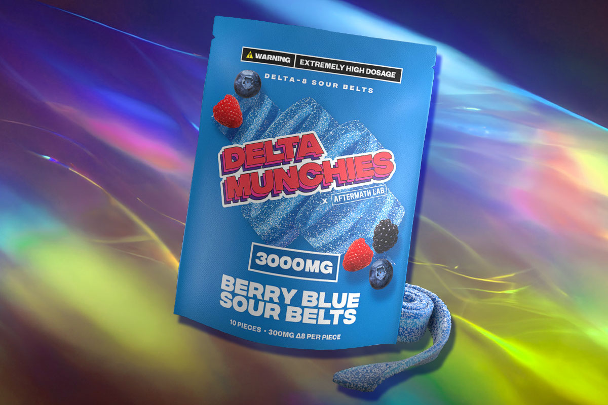 Delta Munchies' Berry Blue Sour Belts on an intergalactic background.