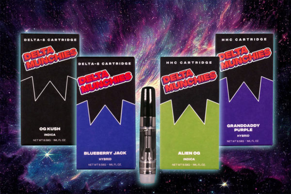 Delta Munchies' Delta 8 and HHC vape cartridges on an intergalactic background.
