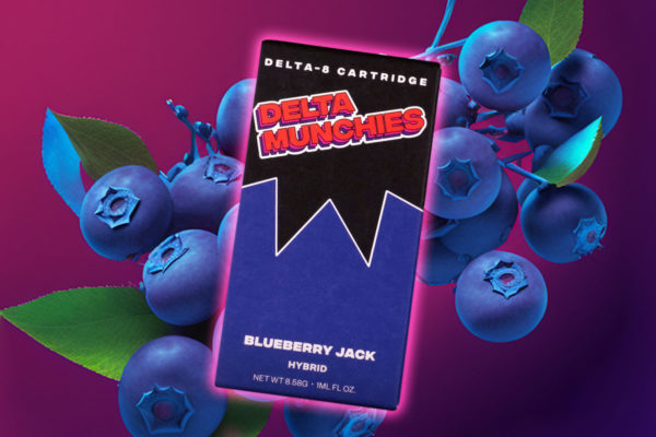 Delta Munchies' Blueberry Jack delta 8 THC vape cart with AI-generated blueberries behind it.