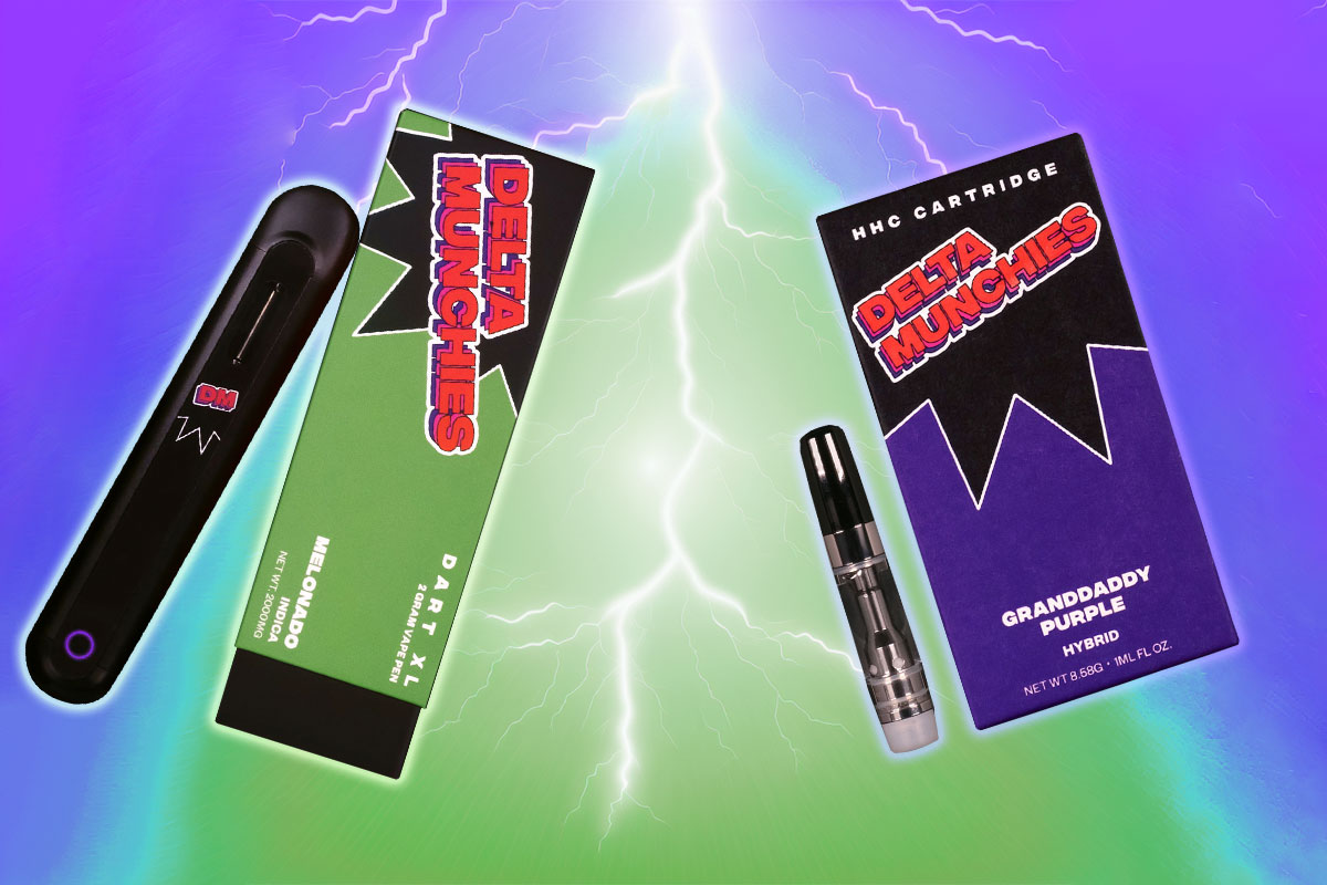 Delta Munchies' Delta 8 Disposable and HHC cartridge with a lightning between them.