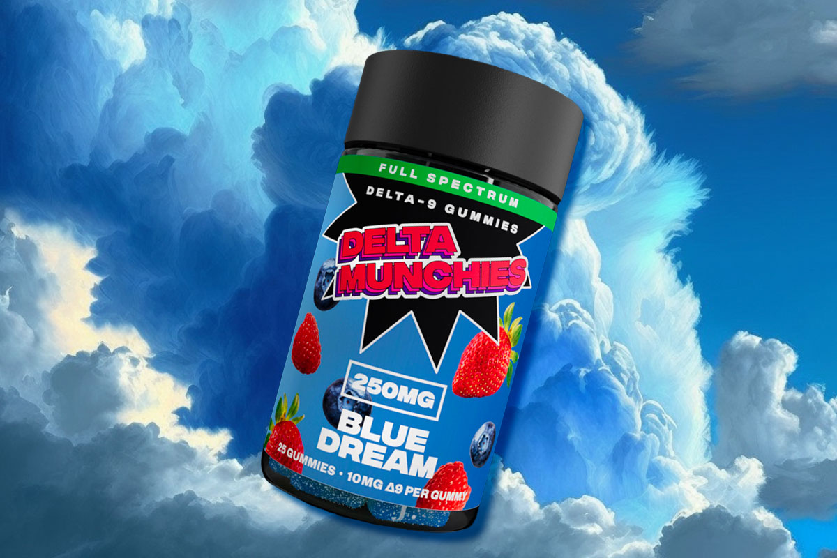 Delta Munchies' Blue Dream delta 9 gummies on a cloudy sky background.
