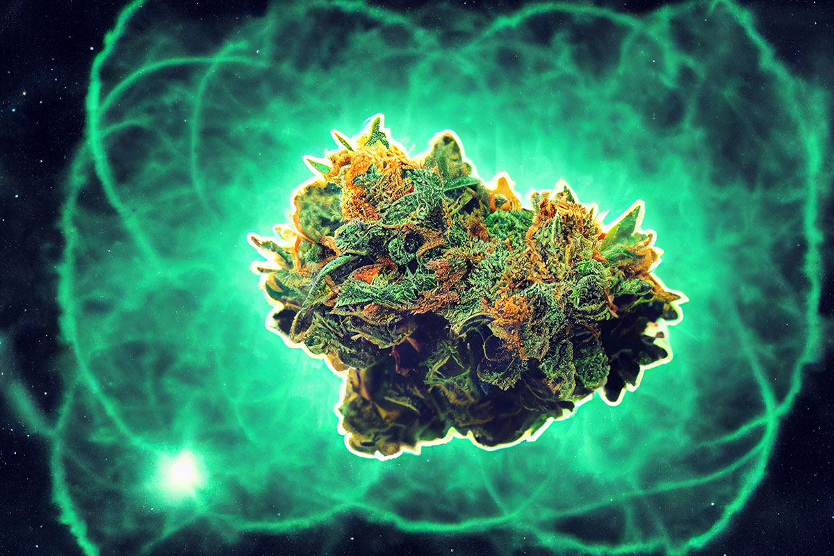 Backlit marijuana bud on an black and green intergallactic background.