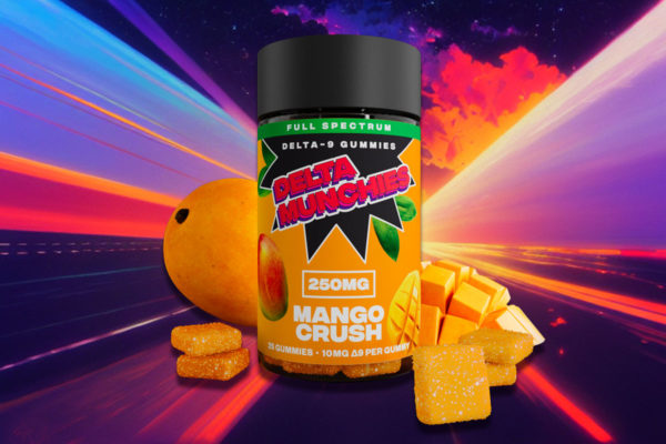 Delta Munchies' Mango Crush delta 9 gummies in front of a ripe mango.