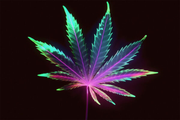 Multicolored marijuana leaf on a black background.