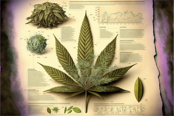 Infographic with marijuana leaf, charts and graphs around it.