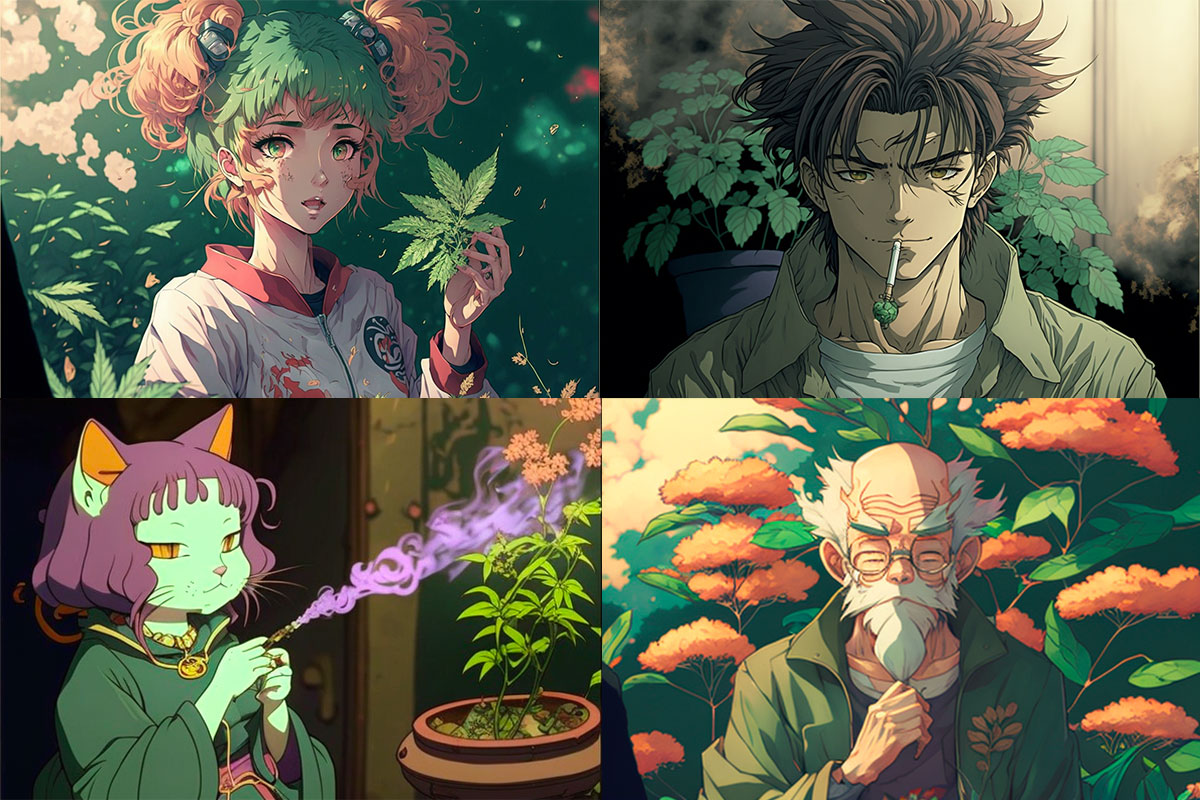 Grid with 4 weed-themed anime and manga characters.