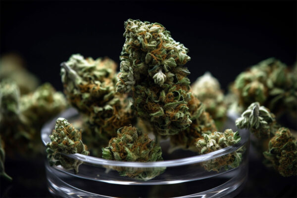 Close up of an open weed jar with weed buds.