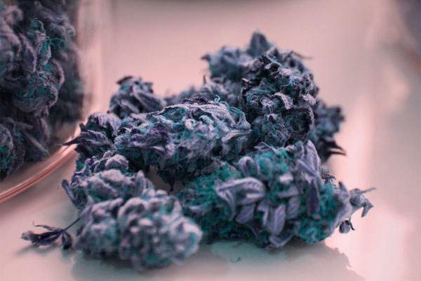 Purple cannabis flower on a table.