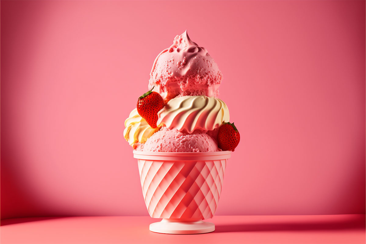 Cup of strawberry ice cream with pieces of strawberry.