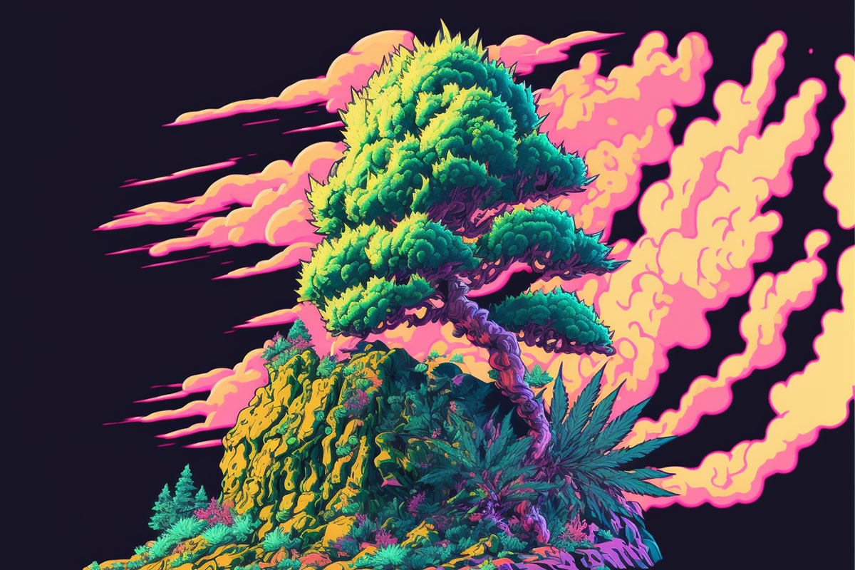 Anime drawing of a tree coming out of a rocky mountain.