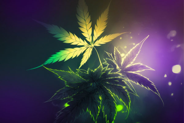 Illustration of cannabis leaves backlit with purple lighting.