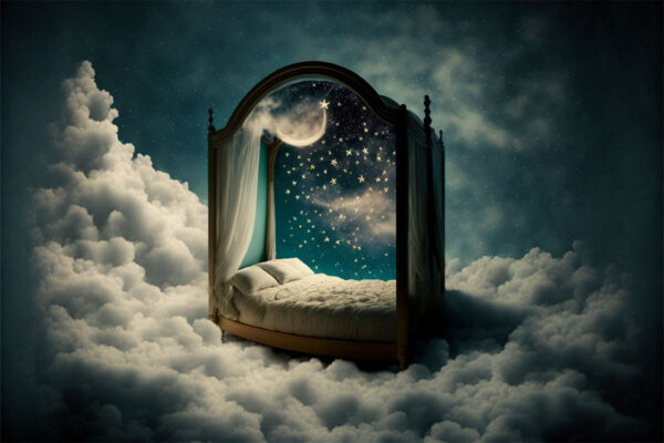 An unrealistic, heavenly bed sitting in the middle of clouds backdropped by the moon and stars in the sky