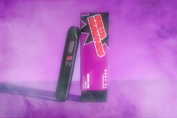 Delta Munchies 2000mg Vape Pen with Berry Pie flavor on a purple colored surface