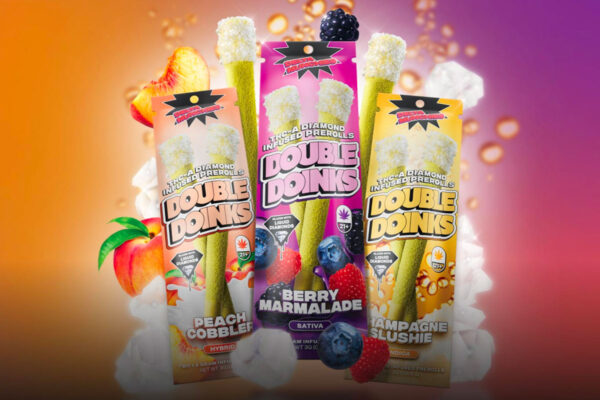 Three packs of THCA Diamond Infused Pre Rolls in Peach Cobbler, Berry Marmalade, and Champagne Slushie flavors