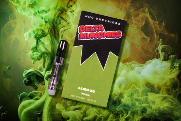 Delta Munchies 8.58g HHC Vape Cartridge with Alien OG flavor with a greenish smokey background