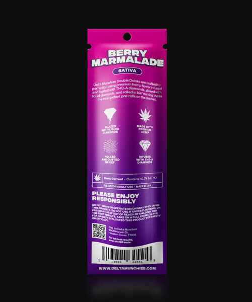 THC-A Diamond infused prerolls berry marmalade back side of package