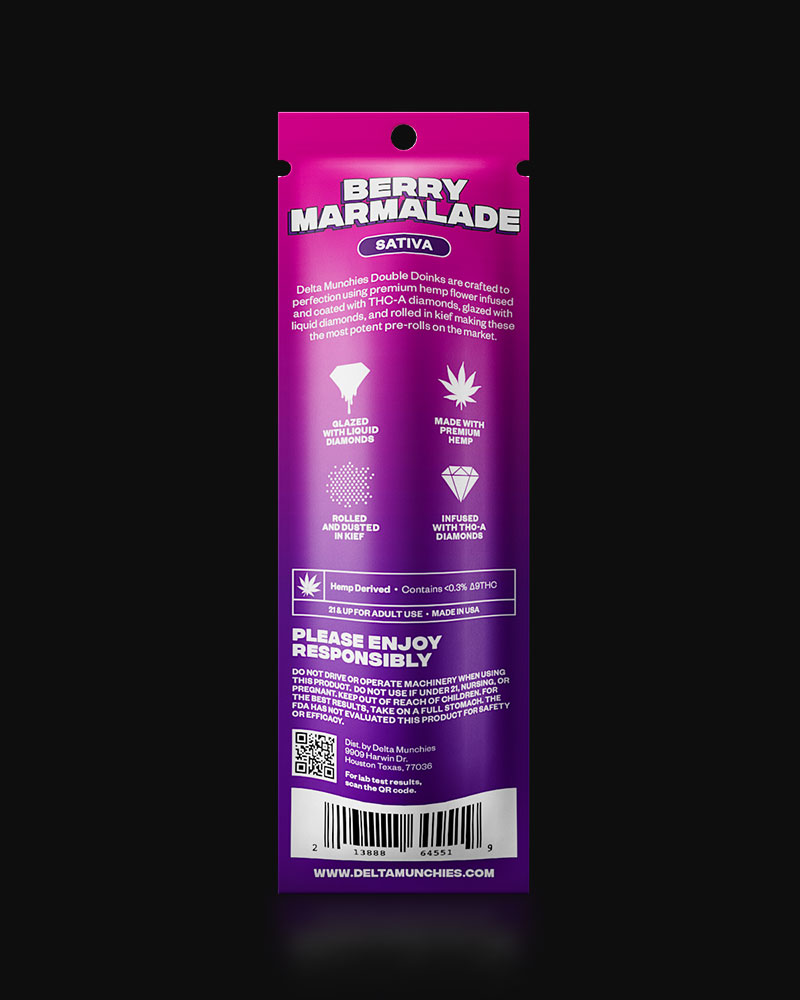 THC-A Diamond infused prerolls berry marmalade back side of package