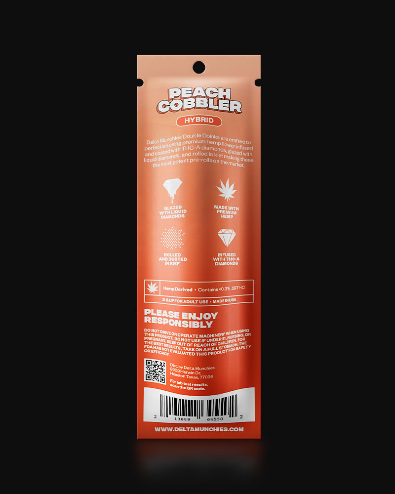THC-A Diamond infused prerolls peach cobbler back side of package