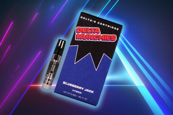 Delta Munchies 8.58g HHC Vape Cartridge with Blueberry Jack Hybrid flavor with a motion blue background