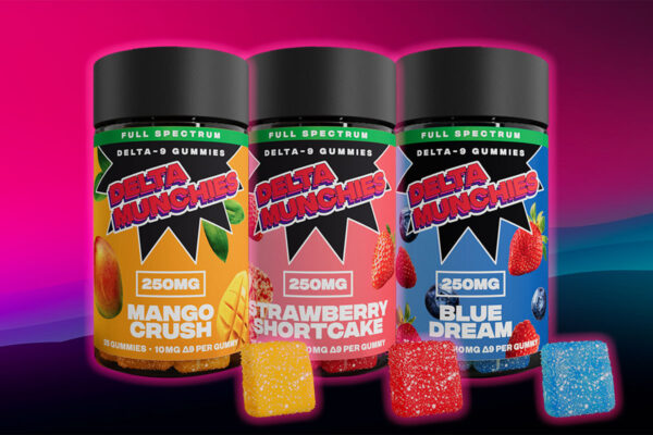 Three packs of 10mg. Delta-9 gummies in Blue Dream, Mango Crush and Strawberry shortcake flavors with multi colour background