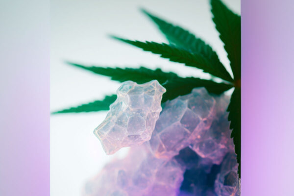 Some Cannabis diamonds with Cannabis leaf on a reflective surface