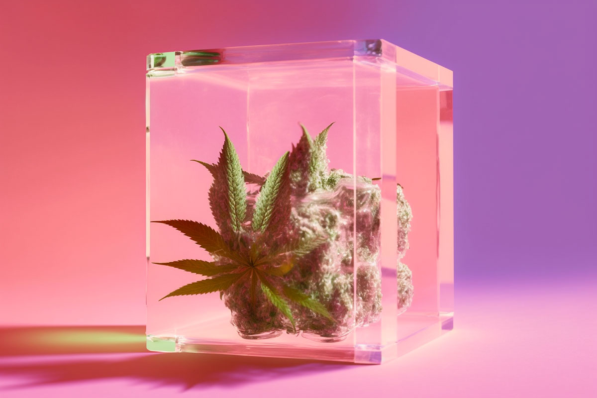 Marijuana leaves arranged in a glass cube, set against a background of pink and purple hues