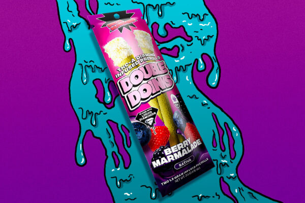 THC-A Diamond infused prerolls berry marmalade flavor on illustrated cyan and purple colour surface