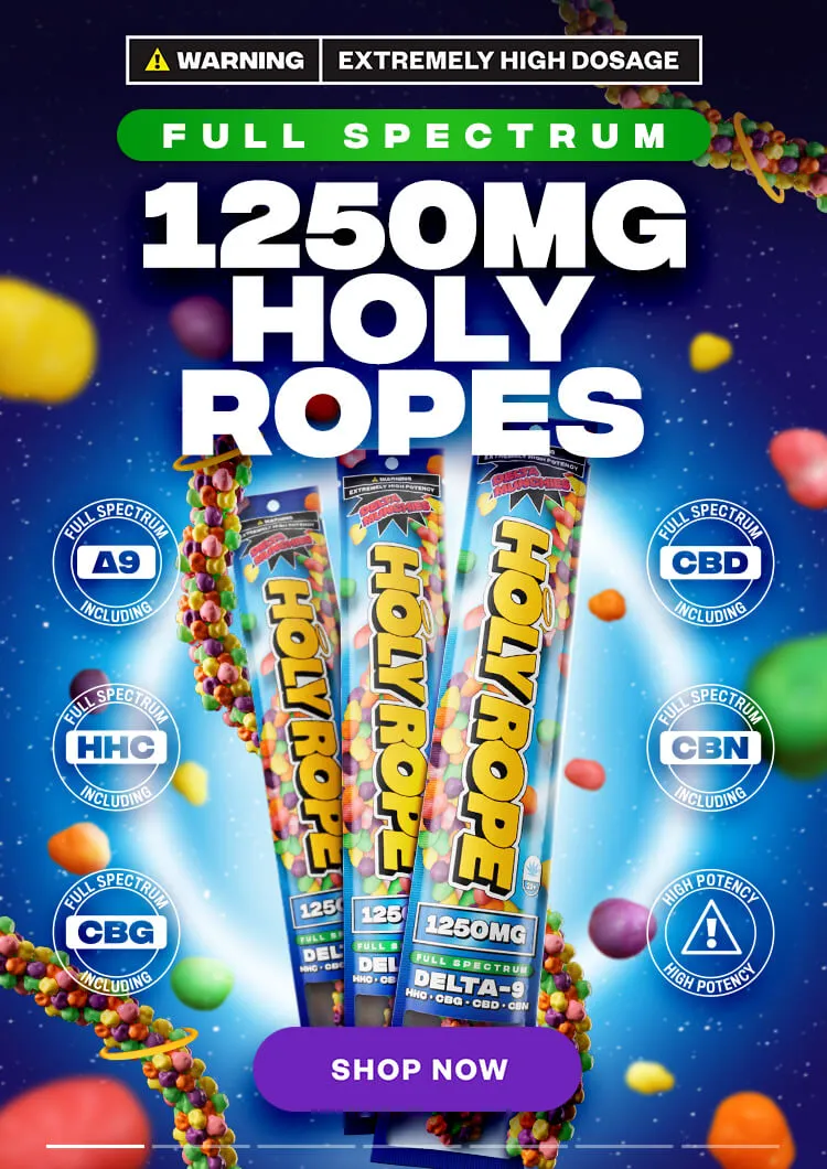 High potency 1250mg full spectrum gummies holy rope. Full spectrum delta 9 plus hhc, cbd, cbn, cbg.