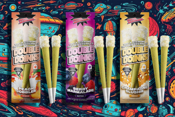 Three packs of THCA Diamond Infused Pre Rolls in Peach Cobbler, Berry Marmalade, and Champagne Slushie flavors on a multicolored background