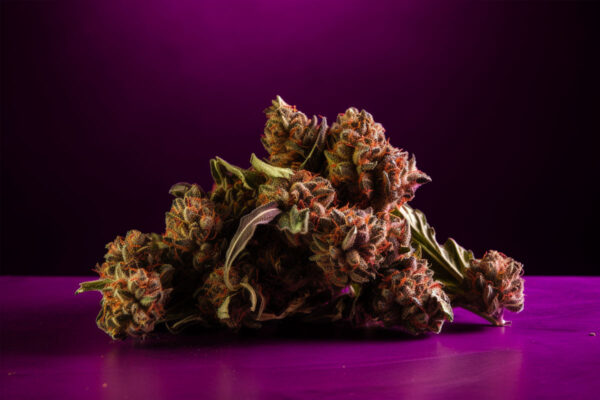 A cannabis strain on purple surface with purple background