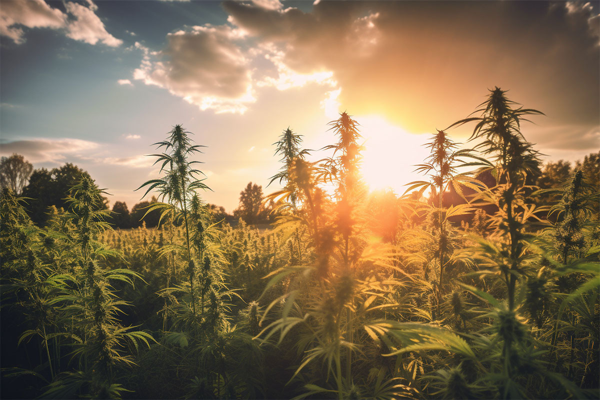 An outdoor photo of numerous cannabis plants thriving under the daylight, against a backdrop of blue sky and a bright sun