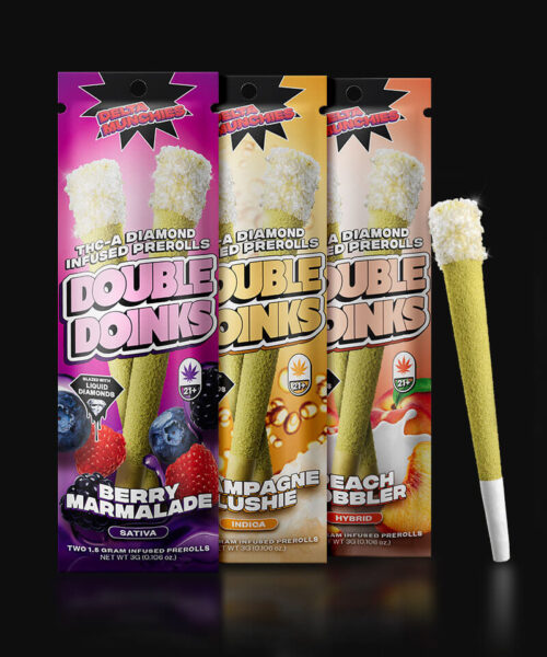 Delta Munchies Lets's blow this joint THC-A preroll bundle, including berry marmalade, peach cobbler, and champagne slushie