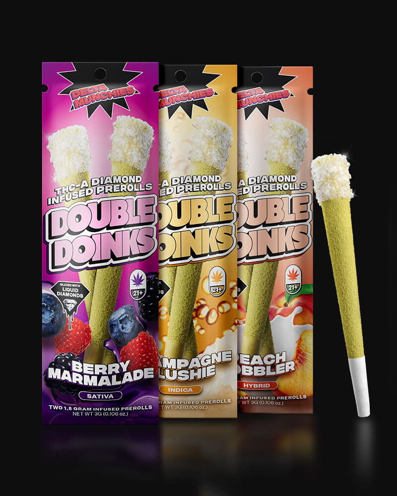 Delta Munchies Lets's blow this joint THC-A preroll bundle, including berry marmalade, peach cobbler, and champagne slushie