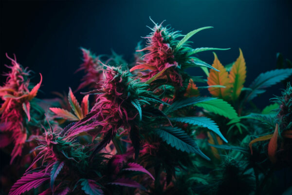 Cannabis plant adorned with reddish and white lights, casting a captivating glow against a dark backdrop
