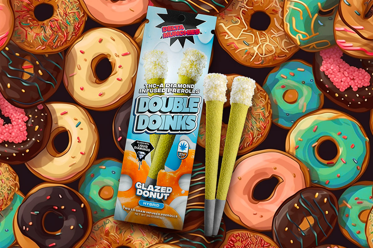 Delicious Delta Munchies Double Doinks THC-A Diamond Infused Prerolls in Glazed Donut flavor, with two additional prerolls and colorful donuts in the background