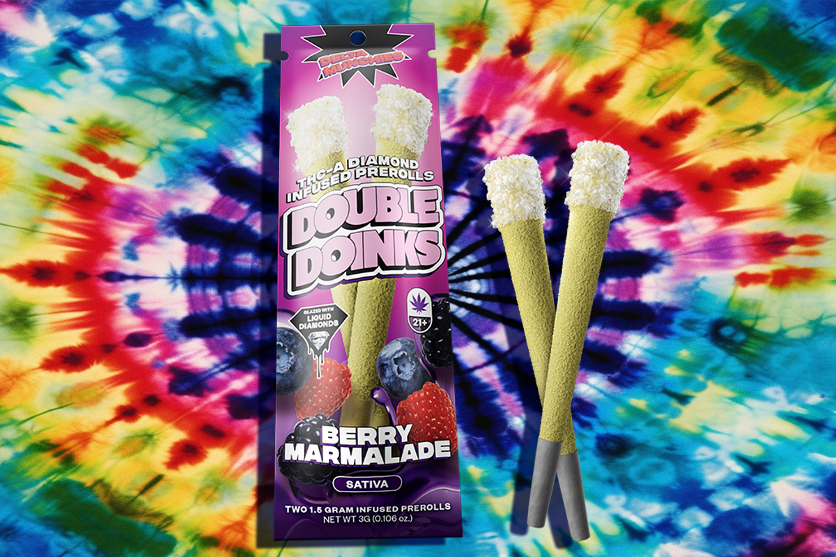 A pack of Delta Munchies Double Doinks infused prerolls with Berry Marmalade flavor, accompanied by two additional infused prerolls, placed against a vibrant rainbow background